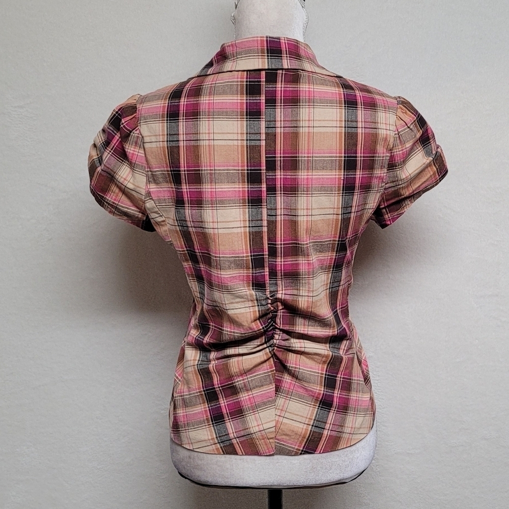 Rare Vintage 90s Rue21 Madras Plaid Stretchy Puff Sleeve Cropped Blazer Jacket - Picture 9 of 14
